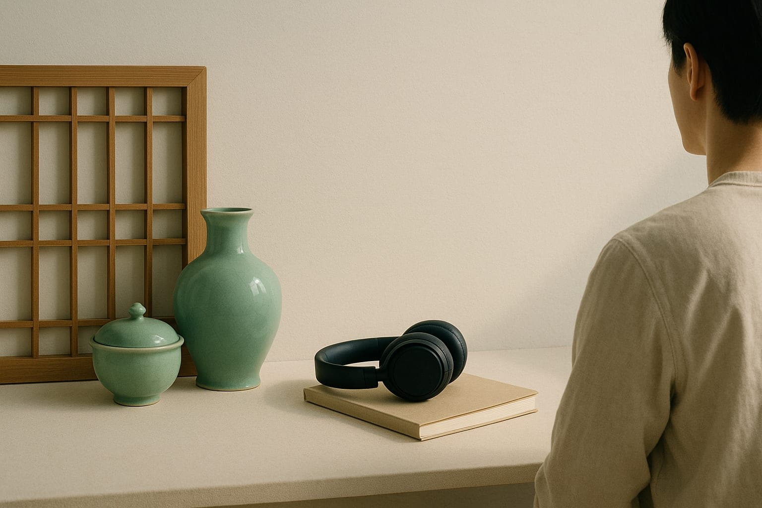 Still life of celadon pottery and a hanok window lattice beside headphones and a notebook